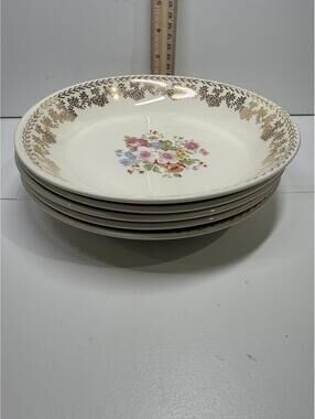 Set of 5 Vintage Floral Soup Bowls Gold Rim Porcelain 9" Serving